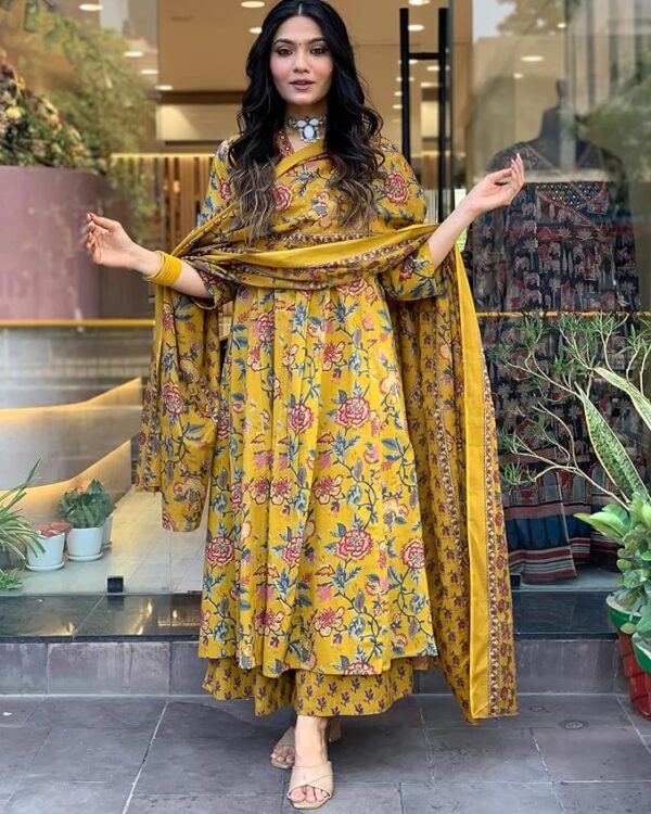 GoSriKi Women's Rayon Blend Anarkali Printed Kurta with Palazzo & Dupatta - Image 3