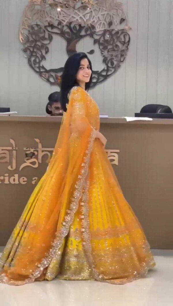 Designer Faux Georgette Embroidered Haldi Lehenga – Elegant & Stylish Bridal Wear