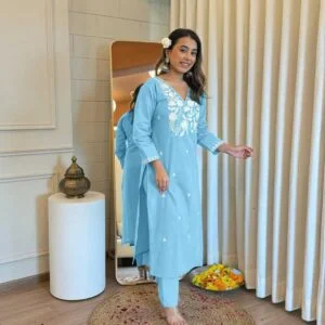 Rayon Cotton Embroidered Kurti with Bottom – Festive